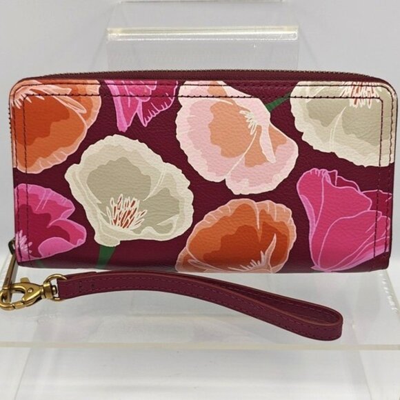 Fossil Leather Continental Wristlet Wallet Burgundy & Pink Florals - Picture 2 of 7